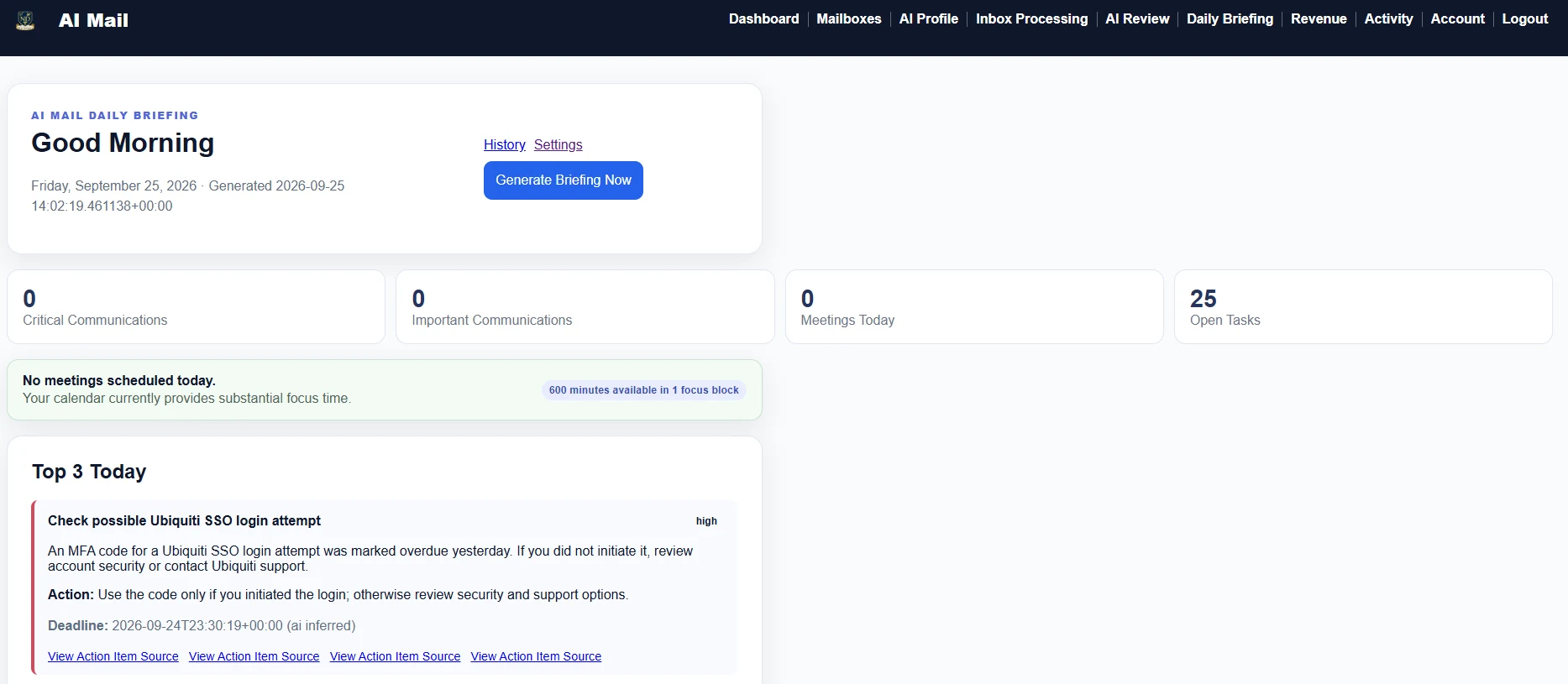 AI Mail Daily Briefing showing critical and important communications, meetings, open tasks, and daily priorities