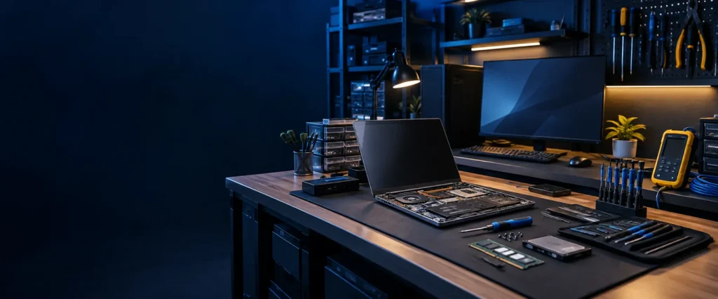 Professional business computer repair and technical service workspace