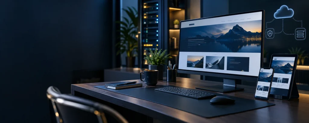Professional website design displayed across desktop, tablet, and mobile devices with managed technology infrastructure